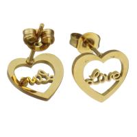 Boucle d'oreille de gaujon en acier inoxydable, coeur, Placage de couleur d'or, bijoux de mode & pour femme, 10.5x9.5mm, 12pairescouple/lot, Vendu par lot