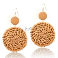Rattan Drop Earring, with Wood & Brass, Flat Round, gold color plated, for woman, more colors for choice, 44.9*76.2mm, Sold By Pair