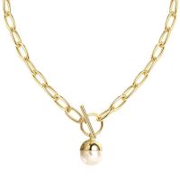 Collar de Latón, metal, con Perlas de plástico ABS, chapado en color dorado, cadena oval & para mujer, libre de níquel, plomo & cadmio, 12*14mm,6mm, Vendido para aproximado 16.5 Inch Sarta