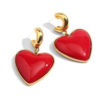 Latão Brinco Pendente, cobre, Coração, cromado de cor dourada, joias de moda & para mulher, vermelho, 52*32mm, vendido por par