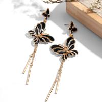 Brass Drop Earring, Butterfly, gold color plated, for woman & enamel & with rhinestone, 106*35mm, Sold By Pair