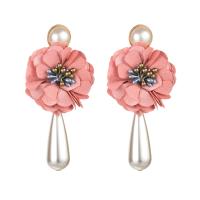 Earring Jewelry Cloth with Plastic Pearl & Zinc Alloy Flower for woman nickel lead & cadmium free 75*45mm Sold By Bag