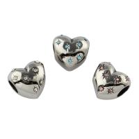 Perles European en acier inoxydable, acier inoxydable 316L, coeur, avec strass, plus de couleurs à choisir, 11x11x8mm, Trou:Environ 4mm, 5PC/sac, Vendu par sac