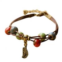 Porcelain Bracelet, with Wax Cord & Tibetan Style, antique bronze color plated, adjustable & for woman, Length:Approx 7.5 Inch, 2Strands/Lot, Sold By Lot