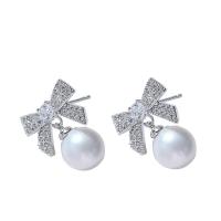 Cubic Zirconia Micro Pave Brass Earring with Plastic Pearl Bowknot silver color plated micro pave cubic zirconia & for woman 15*16mm Sold By Pair