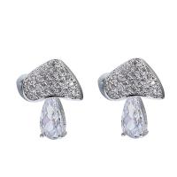 Brass Stud Earring, mushroom, silver color plated, for woman & with rhinestone, 15*11mm, Sold By Pair