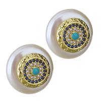 Brass Stud Earring with Freshwater Pearl gold color plated fashion jewelry & micro pave cubic zirconia & for woman nickel lead & cadmium free 0.75mm Sold By Pair
