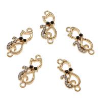 Animal Tibetan Style Connector, Cat, gold color plated, with rhinestone & 1/1 loop, nickel, lead & cadmium free, 25x10x3mm, Hole:Approx 1.5mm, Approx 50PCs/Bag, Sold By Bag