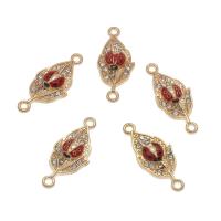 Tibetan Style, Leaf, gold color plated, enamel & with rhinestone & 1/1 loop, red, nickel, lead & cadmium free, 27x11x3mm, Hole:Approx 1.5mm, Approx 50PCs/Bag, Sold By Bag