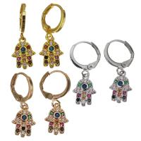 Brass Huggie Hoop Drop Earring, Hamsa, plated, micro pave cubic zirconia & for woman, more colors for choice, nickel, lead & cadmium free, 26mm,9.5x13mm, 20Pairs/Lot, Sold By Lot