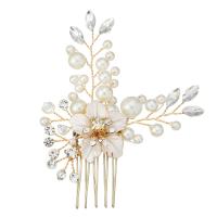 Braut Dekoratives Haarkämmchen, Zinklegierung, mit ABS-Kunststoff-Perlen, goldfarben plattiert, für Braut & mit Strass, frei von Nickel, Blei & Kadmium, 65x85mm, verkauft von PC