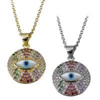 Stainless Steel Necklace, with 1.5Inch extender chain, Flat Round, plated, evil eye pattern & oval chain & micro pave cubic zirconia & for woman, more colors for choice, 16x19mm,1.5mm, Sold Per Approx 17.5 Inch Strand