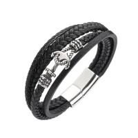 Acier titane bracelet, avec cuir PU, ancre, bijoux de mode & multicouche & unisexe & normes différentes pour le choix, noire, Vendu par PC