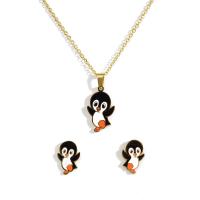 Enamel Stainless Steel Jewelry Set Stud Earring & necklace Penguin oval chain & for woman  Length Approx 15 Inch Sold By Set