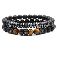 Abrazine Stone Bracelet, with Tiger Eye & Brass, plated, fashion jewelry & Unisex & micro pave cubic zirconia, more colors for choice, 8mm, Length:Approx 7.48 Inch, 2Strands/Set, Sold By Set
