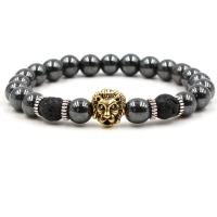 Non Magnetic Hematite & Black Lava Bracelets with Zinc Alloy Lion Charms plated fashion jewelry & Unisex 8mm Sold Per Approx 7.48 Inch Strand