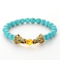 Natural Gemstone Bracelets with Zinc Alloy Dragon Charms Turquoise & Black Lava & Tiger Eye Stone gold color plated fashion jewelry & Unisex 8mm Sold Per Approx 7.48 Inch Strand