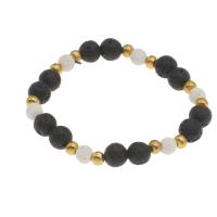 Lava Bracelet with Brass Round gold color plated fashion jewelry & Unisex white and black 8mm 6mm 4mm Sold Per Approx 7.5 Inch Strand