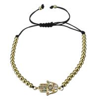 Bijoux bracelet en acier inoxydable, avec corde en nylon, Main de Fatma, Placage de couleur d'or, Réglable & pavé de micro zircon & pour femme, 20x12.5mm,3.5x4mm, Vendu par Environ 6-9 pouce brin