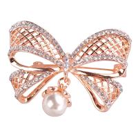 Zinc Alloy Brooches with Plastic Pearl Bowknot rose gold color plated for woman & with rhinestone nickel lead & cadmium free 49mm Sold By PC