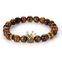 Tiger Eye Bracelet, with Brass, Crown, plated, fashion jewelry & Unisex & micro pave cubic zirconia, more colors for choice, nickel, lead & cadmium free, 8mm, Length:Approx 7.48 Inch, Sold By Lot