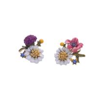Brass Asymmetric Stud Earrings Flower gold color plated for woman & enamel & with rhinestone 18*16mm Sold By Pair