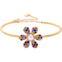 Brass Bangle with Cubic Zirconia & Plastic Pearl Flower gold color plated for woman 24mm Sold Per 8.2 Inch Strand