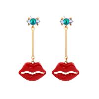 Tibetan Style Drop Earring, with Crystal, Lip, gold color plated, cute & fashion jewelry & for woman & enamel, red, nickel, lead & cadmium free, 58mm, Sold By Pair