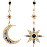 Tibetan Style Asymmetric Earrings, Moon and Star, gold color plated, fashion jewelry & for woman & with rhinestone, nickel, lead & cadmium free, 63mm, 2Pairs/Bag, Sold By Bag