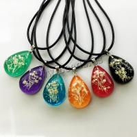 Resin Necklace, with Dried Flower & Wax Cord, Teardrop, epoxy gel, fashion jewelry & for woman & luminated, more colors for choice, 17x10x24mm, Length:Approx 19.7 Inch, 12Strands/Lot, Sold By Lot
