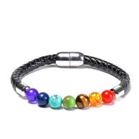 PU Leather Cord Bracelet with Gemstone & Brass platinum color plated & Unisex 8mm Length Approx 7.3 Inch Sold By Lot