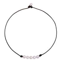 Přírodní Sladkovodní Pearl náhrdelník, PU kabel, s Sladkovodní Pearl, módní šperky & pro ženy, bílá a černá, 8-9mm, Prodáno za Cca 16 inch Strand