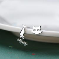 925 Sterling Silver Asymmetric Stud Earrings, Cat and Fish, platinum plated, Korean style & for woman, 9x8mm, 10x4mm, 3Pairs/Lot, Sold By Lot