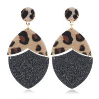 Zinc Alloy Drop Earrings with PU Leather gold color plated for woman & leopard pattern nickel lead & cadmium free 88*44mm Sold By Bag