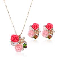 Zinc Alloy Jewelry Sets earring & necklace Flower rose gold color plated 2 pieces & for woman & enamel & with rhinestone nickel lead & cadmium free 28*22mm Length 20 Inch Sold By Set