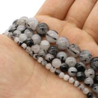 Schwarzer Rutilquarz Perle, rund, verschiedene Größen vorhanden, weiß und schwarz, Grad AAA, Bohrung:ca. 1mm, verkauft per ca. 14.9 ZollInch Strang