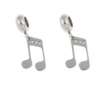 Stainless Steel European Pendants, 304 Stainless Steel, Music Note, with rhinestone, original color, 26x10x1mm, Hole:Approx 4mm, 10PCs/Bag, Sold By Bag