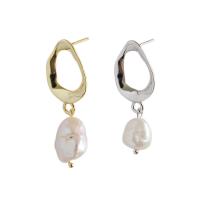 925 Sterling Silver Drop Earring, with Freshwater Pearl, sterling silver post pin, plated, for woman & hollow, more colors for choice, 35mm, 3Pairs/Lot, Sold By Lot
