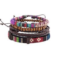 PU Leather Cord Bracelets, with Linen & Wood, 4 pieces & Unisex & adjustable, Length:Approx 7.5 Inch, Sold By Set