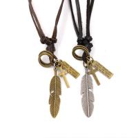 PU Leather Cord Necklace with Zinc Alloy Feather plated Unisex & adjustable 15*60mm Sold Per 14.9-28.3 Inch Strand