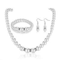 Zinc Alloy Jewelry Sets bracelet & earring & necklace with ABS Plastic Pearl with 5cm extender chain silver color plated for woman & with rhinestone white nickel lead & cadmium free 40mm Inner Approx 60mm Length Approx 16.15 Inch Sold By Set