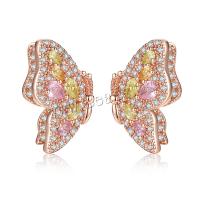 Brass Stud Earring, Butterfly, rose gold color plated, micro pave cubic zirconia & for woman, nickel, lead & cadmium free, 20x11mm, Sold By Pair