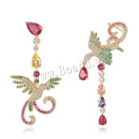 Brass Asymmetric Earrings, with Gemstone, brass post pin, Phoenix, Plating champagne gold, fashion jewelry & micro pave cubic zirconia & for woman, mixed colors, 35.5x71mm,40.1x65.8mm, Sold By Pair