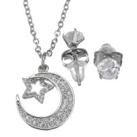 Cubic Zirconia Stainless Steel Jewelry Sets, Stud Earring & necklace, with rubber earnut, with 2Inch extender chain, Moon and Star, oval chain & micro pave cubic zirconia & for woman, original color, 14.5x17mm,1.5mm,5mm, Length:Approx 17 Inch, Sold By Set