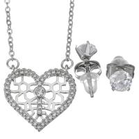 Cubic Zirconia Stainless Steel Jewelry Sets, Stud Earring & necklace, with rubber earnut, with 2Inch extender chain, Heart, oval chain & micro pave cubic zirconia & for woman, original color, 19.5x19mm,1.5mm,5mm, Length:Approx 17 Inch, Sold By Set