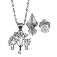Cubic Zirconia Stainless Steel Jewelry Sets, Stud Earring & necklace, with rubber earnut, with 2Inch extender chain, Tree, oval chain & micro pave cubic zirconia & for woman, original color, 15.5x18mm,1.5mm,5mm, Length:Approx 17 Inch, Sold By Set