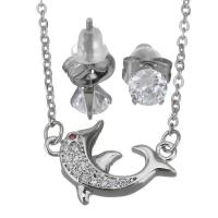 Cubic Zirconia Stainless Steel Jewelry Sets, Stud Earring & necklace, with rubber earnut, with 2Inch extender chain, Dolphin, oval chain & micro pave cubic zirconia & for woman, original color, 19x12.5mm,1.5mm,5mm, Length:Approx 17 Inch, Sold By Set