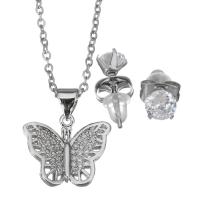 Cubic Zirconia Stainless Steel Jewelry Sets, Stud Earring & necklace, with rubber earnut, with 2Inch extender chain, Butterfly, oval chain & micro pave cubic zirconia & for woman, original color, 16x13.5mm,1.5mm,5mm, Length:Approx 17 Inch, Sold By Set