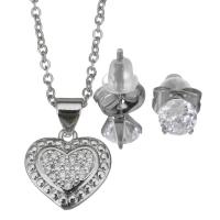 Cubic Zirconia Stainless Steel Jewelry Sets, Stud Earring & necklace, with rubber earnut, with 2Inch extender chain, Heart, oval chain & micro pave cubic zirconia & for woman, original color, 13x12.5mm,1.5mm,5mm, Length:Approx 17 Inch, Sold By Set
