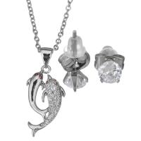 Cubic Zirconia Stainless Steel Jewelry Sets, Stud Earring & necklace, with rubber earnut, with 2Inch extender chain, oval chain & micro pave cubic zirconia & for woman, original color, 11x21mm,1.5mm,5mm, Length:Approx 17 Inch, Sold By Set